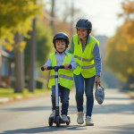 Jeune ado apprend à rouler en scooter avec un adulte