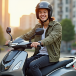 Jeune adulte en casque sur scooter moderne en ville