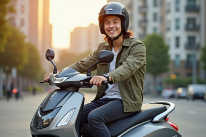 Jeune adulte en casque sur scooter moderne en ville