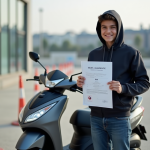 Jeune adolescent avec certificat BSR et moped en extérieur