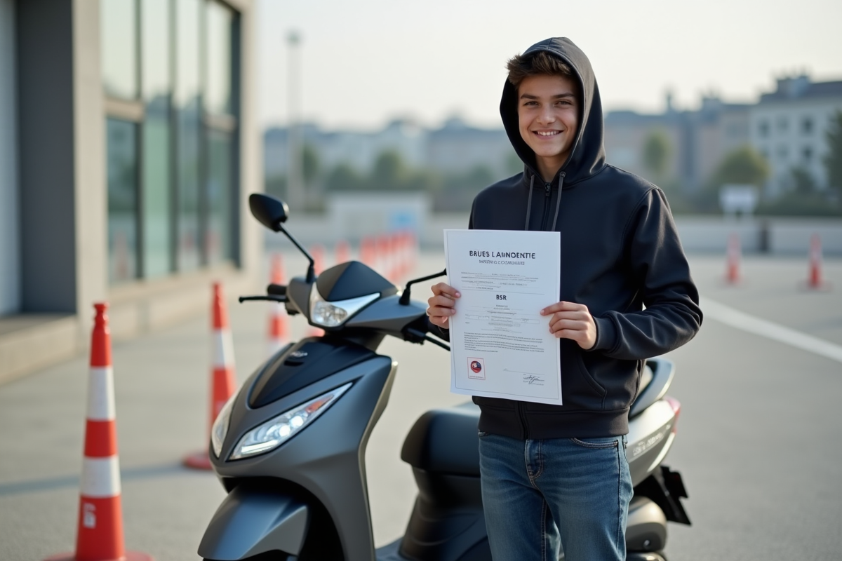 Jeune adolescent avec certificat BSR et moped en extérieur