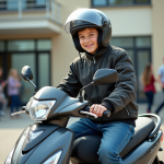 Adolescent en scooter devant une école française