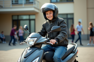Adolescent en scooter devant une école française