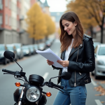 Jeune femme souriante avec documents et moto 125cc