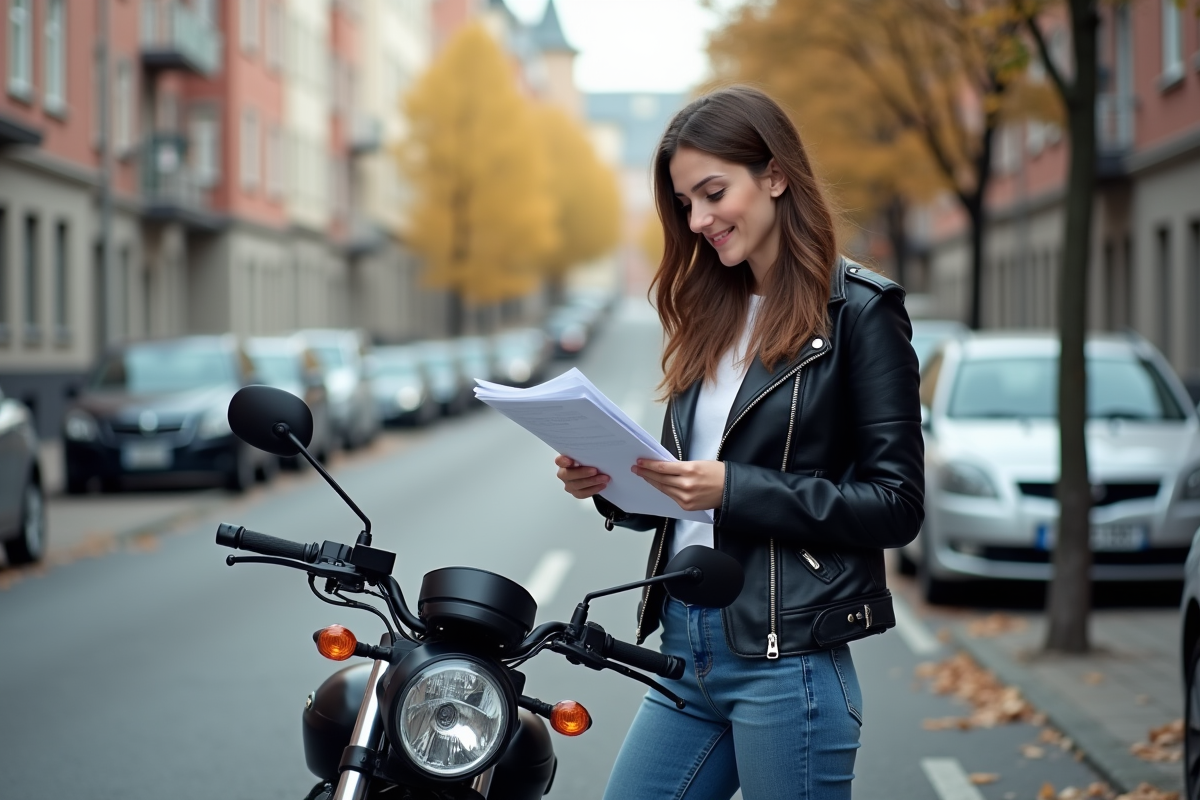 Jeune femme souriante avec documents et moto 125cc