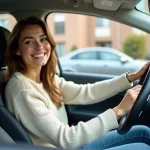 Jeune femme souriante dans sa voiture compacte en extérieur