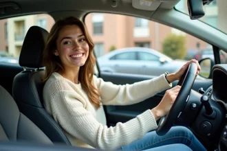 Jeune femme souriante dans sa voiture compacte en extérieur