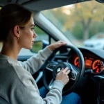 Jeune femme dans sa voiture examine le tableau de bord