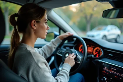 Jeune femme dans sa voiture examine le tableau de bord