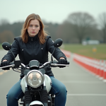 Jeune femme en formation moto devant des cônes
