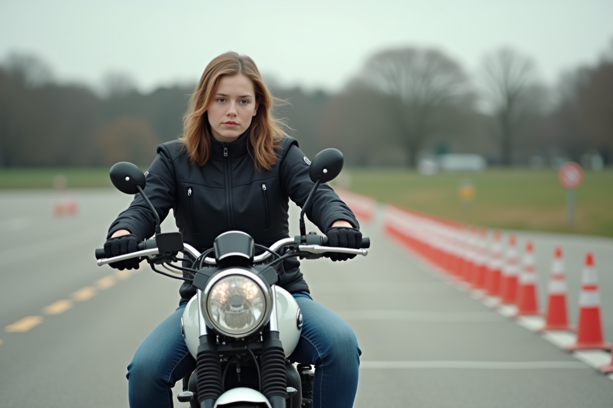 Jeune femme en formation moto devant des cônes
