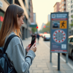 Jeune femme scannant un QR code de securite routiere en plein jour