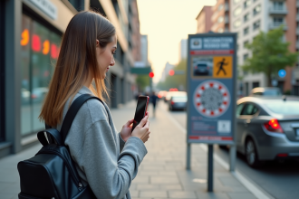 Jeune femme scannant un QR code de securite routiere en plein jour