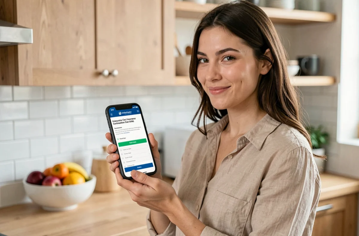 Jeune femme finalisant la souscription d'une assurance auto sur smartphone dans sa cuisine