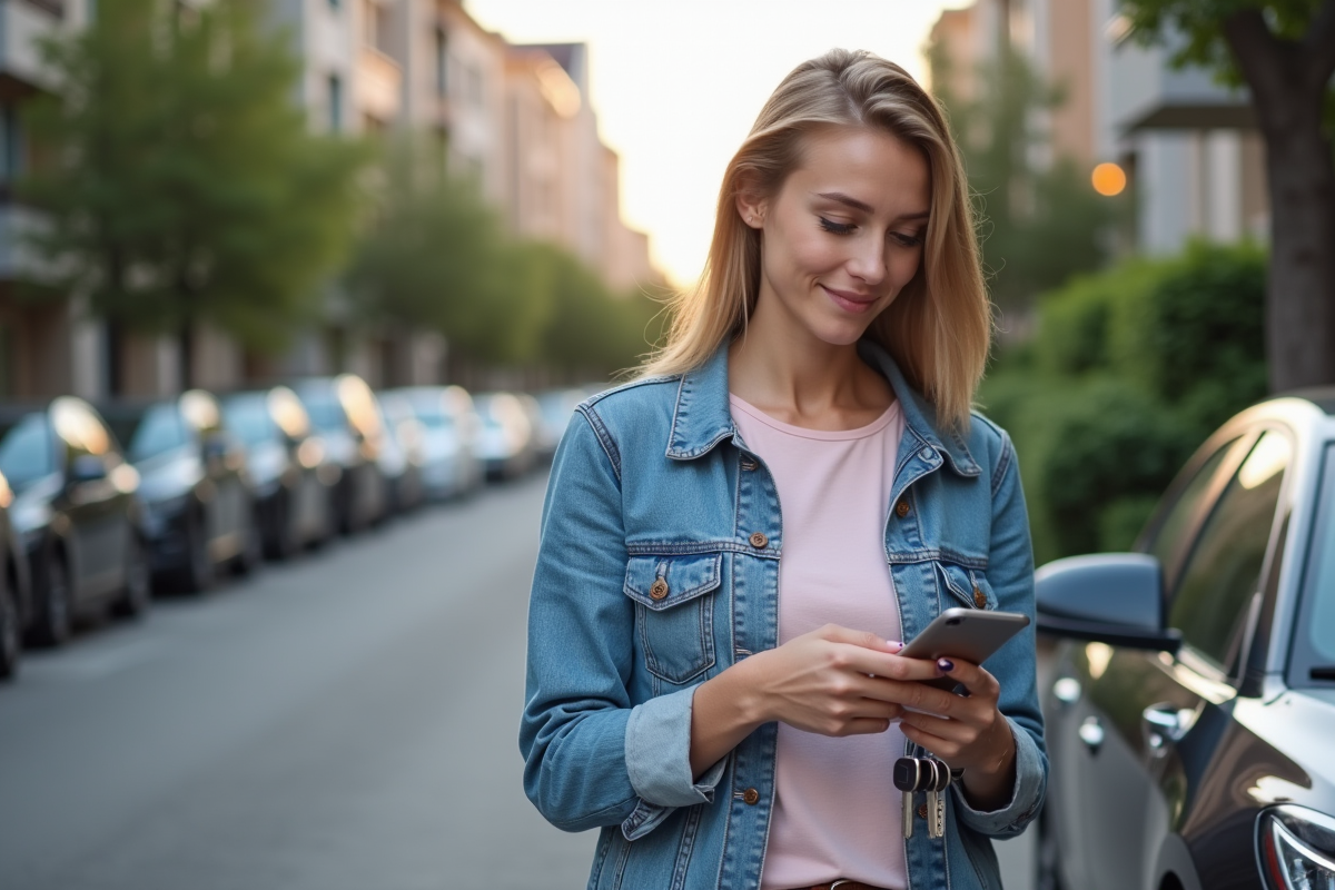 Jeune femme avec clés de voiture dans un environnement urbain