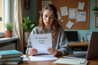 Jeune femme concentrée vérifiant un permis 2026 sur son bureau