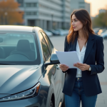 Jeune femme professionnelle près d'une voiture hybride en ville