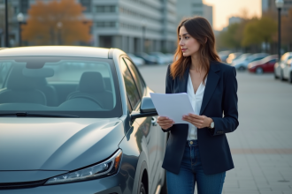 Jeune femme professionnelle près d'une voiture hybride en ville