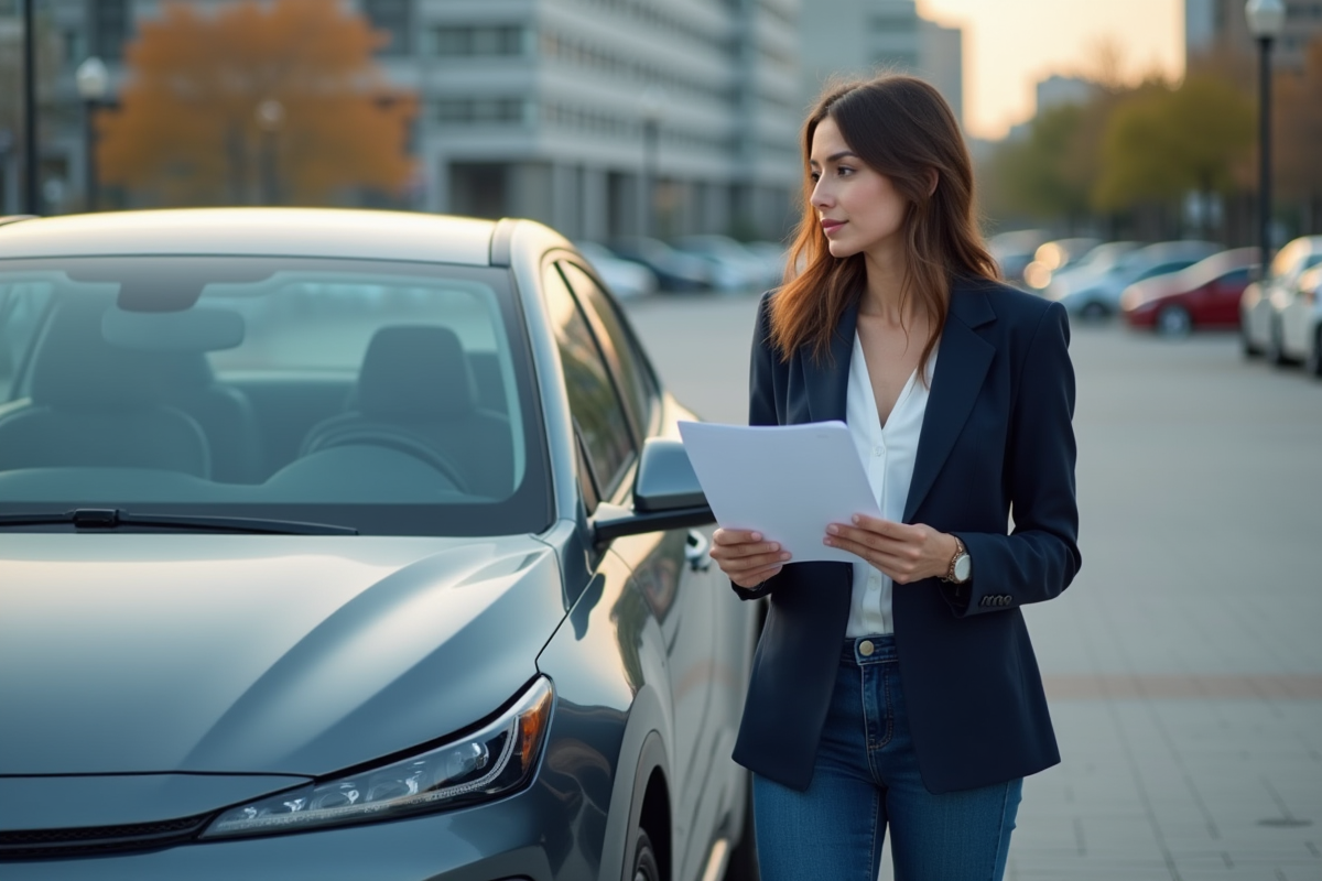 Jeune femme professionnelle près d'une voiture hybride en ville