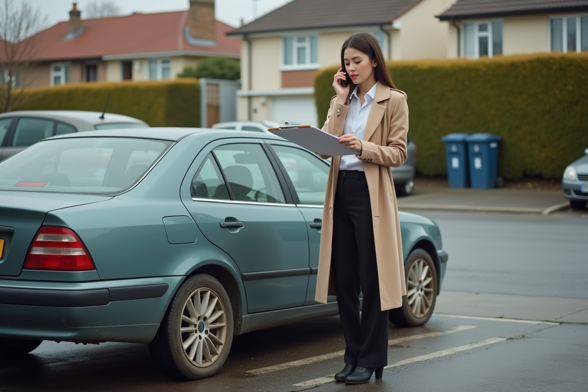 Jeune femme en trench coat vérifiant documents près d