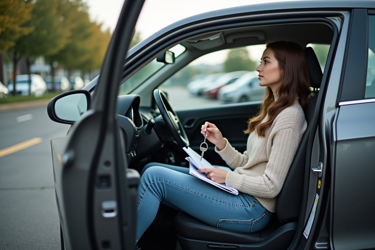 Jeune femme dans une voiture en stationnement avec documents
