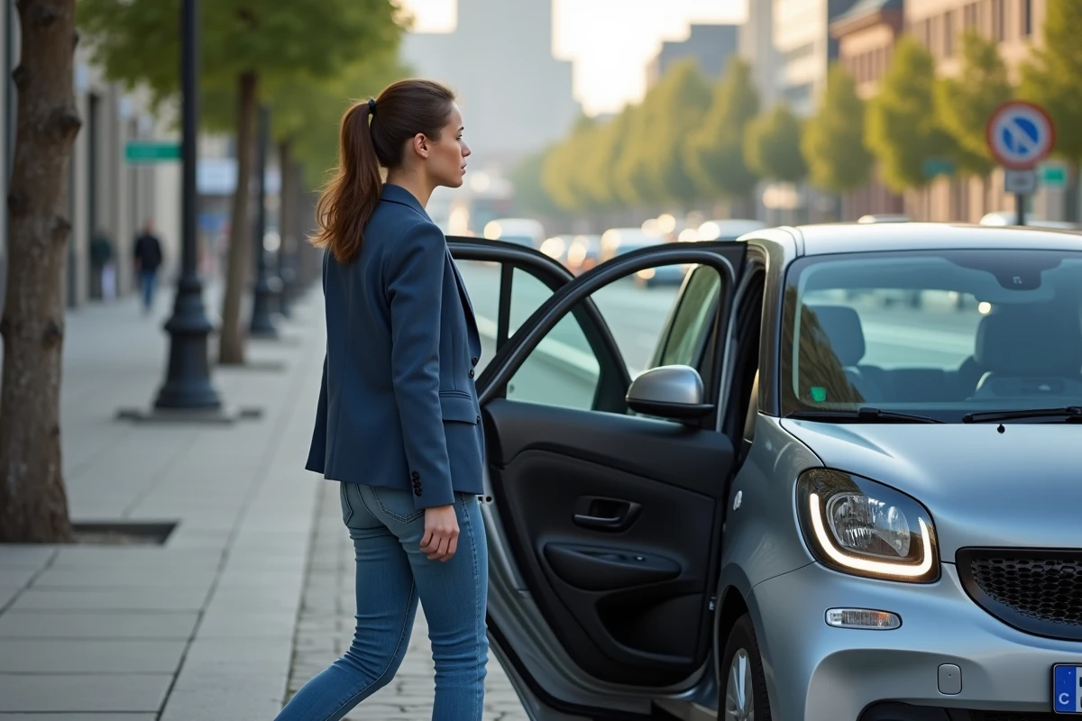 Jeune femme en blazer dans une voiture urbaine moderne