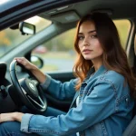 Jeune femme au volant d'une voiture en extérieur