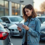 Jeune femme avec voiture compacte en concession urbaine
