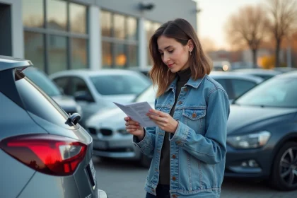 Jeune femme avec voiture compacte en concession urbaine