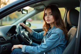 Jeune femme au volant d'une voiture en extérieur