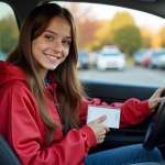 Jeune fille de 14 ans avec permis de conduire dans une voiture