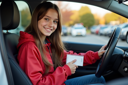 Jeune fille de 14 ans avec permis de conduire dans une voiture