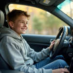 Adolescent souriant dans la voiture familiale en extérieur