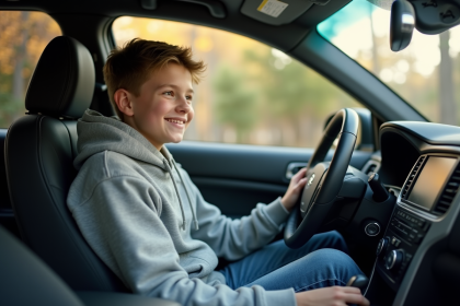 Adolescent souriant dans la voiture familiale en extérieur