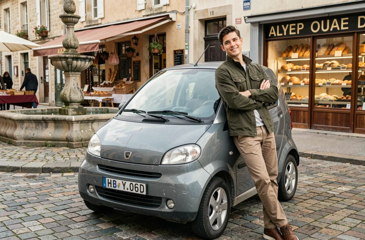 Jeune homme appuyé sur une Aixam électrique grise d'occasion sur une place de marché en France