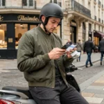 Jeune homme consultant une application de comparaison d'assurance scooter sur son smartphone dans une rue parisienne