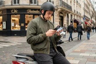 Jeune homme consultant une application de comparaison d'assurance scooter sur son smartphone dans une rue parisienne