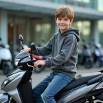 Jeune garçon de 14 ans avec moto 50cc neuve