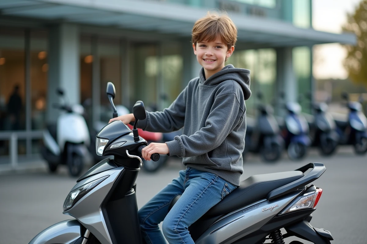 Jeune garçon de 14 ans avec moto 50cc neuve