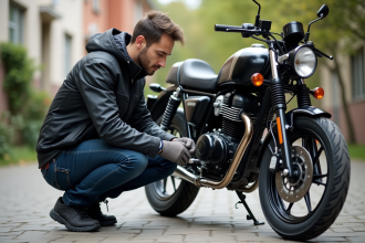 Jeune homme nettoyant la chaîne d'une moto 125cc en ville