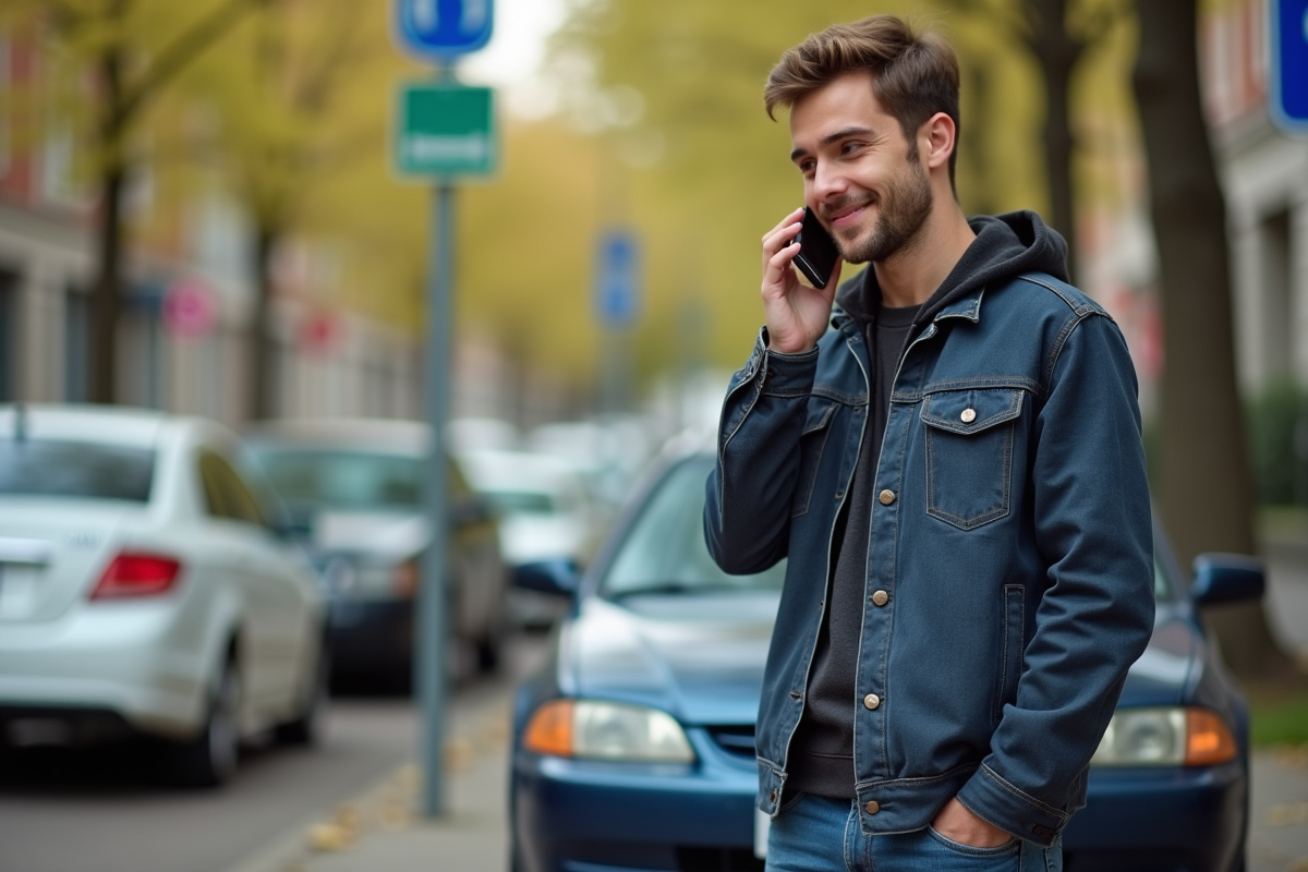 Jeune homme au téléphone près de sa voiture en ville