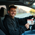 Jeune homme souriant avec permis de conduire dans la voiture