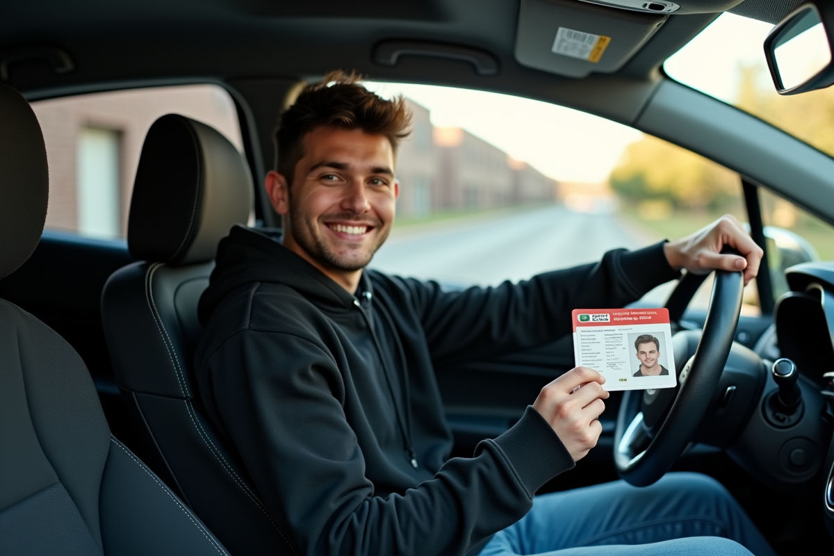 Jeune homme souriant avec permis de conduire dans la voiture