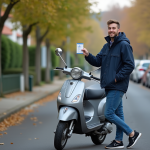 Jeune homme avec scooter et permis en main