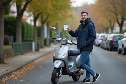 Jeune homme avec scooter et permis en main