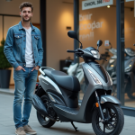 Jeune homme en denim avec scooter en ville