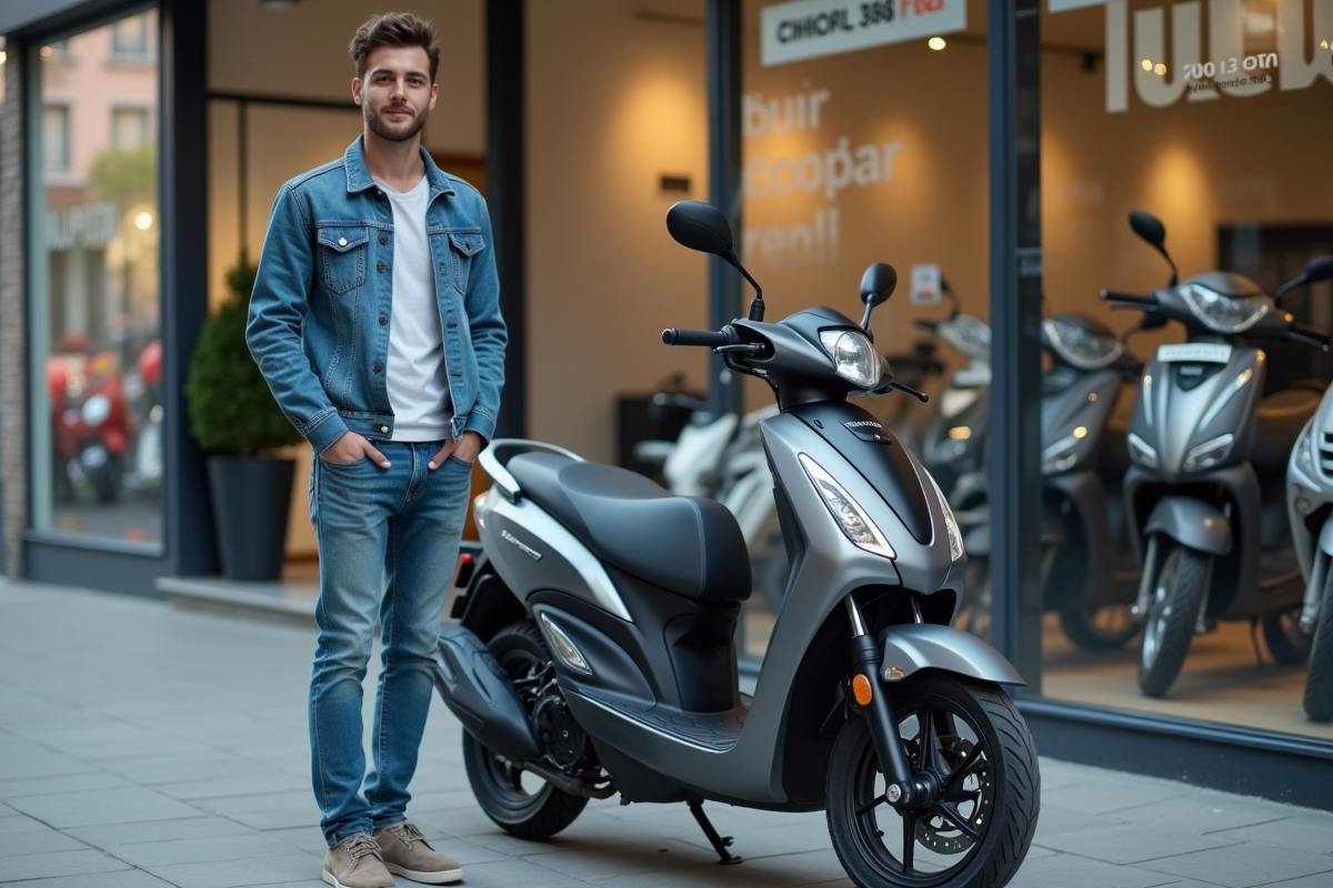 Jeune homme en denim avec scooter en ville
