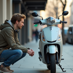 Jeune homme vérifiant le tableau de bord d'un scooter en ville