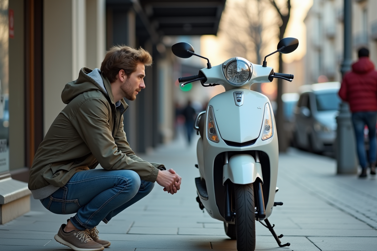 Jeune homme vérifiant le tableau de bord d'un scooter en ville