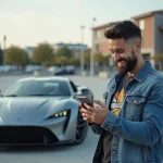 Jeune homme souriant près d'une voiture sportive en ville